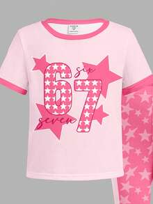 SHEIN 67 復古粉色星星學院風數字 67 印花圖案，可愛個性化少女風，年輕女孩休閒極簡卡通設計圓領短袖上衣與喇叭褲兩件套，適合夏季、舒適季節、聖誕氛圍 - 彩色 - 查看 3