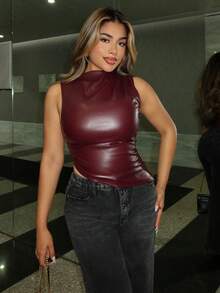Maria Perezxox 女士优雅别致复古性感机车酒红色纯色 PU 不对称褶皱腰背心 - 酒紅色 - 查看 5