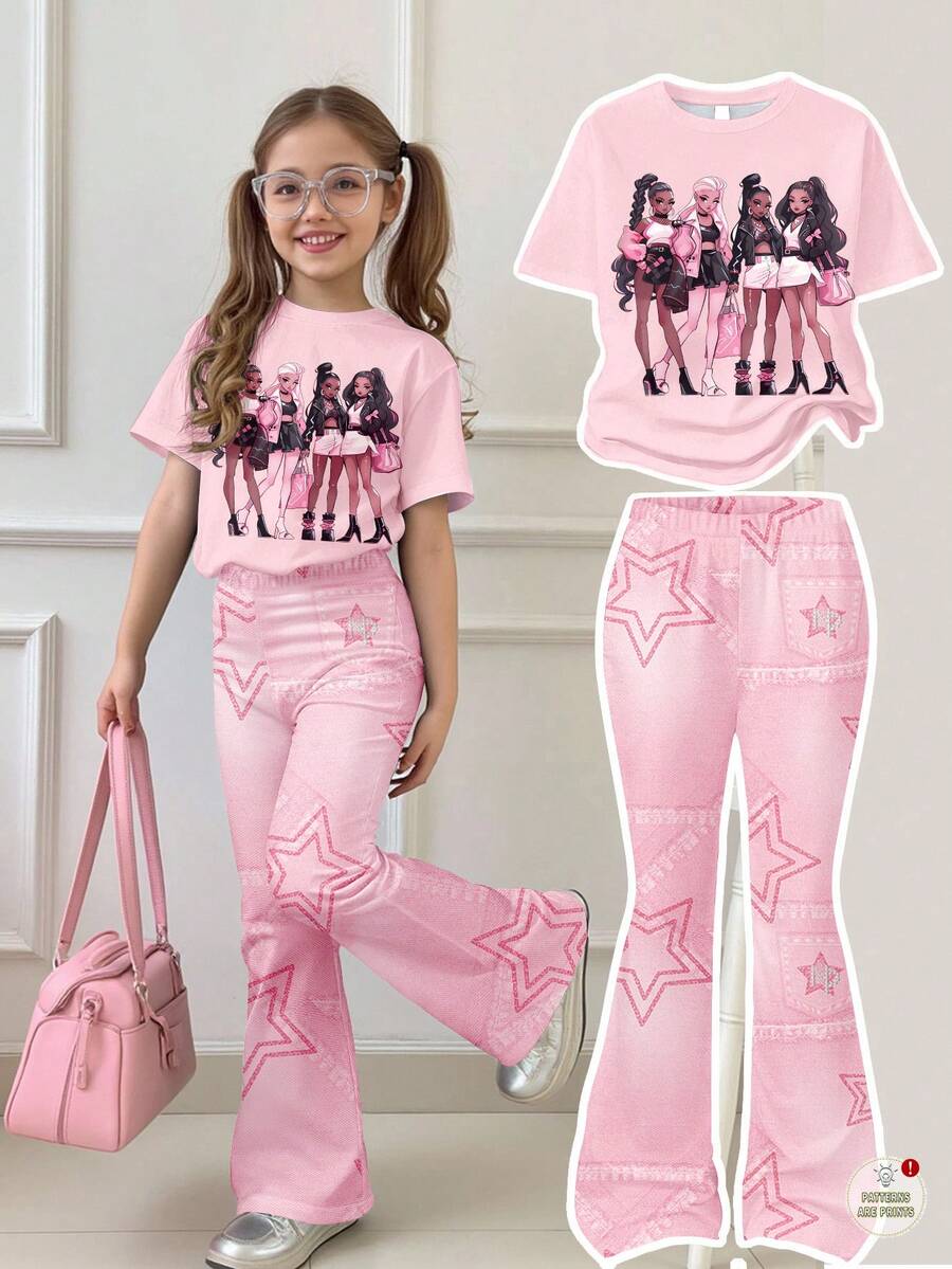 2 pezzi/set Maglietta a maniche corte con collo rotondo e pantaloni a zampa per ragazze pre-adolescenti, vestibilità morbida e casual, adatto per l'autunno - Bianco - Visualizzare 1