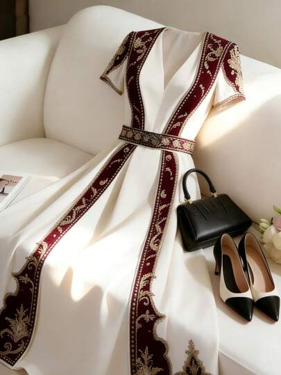 GlowEve Women's Elegant Casual V-Neck Short Sleeve Waist Defined Printed Maxi Dress, Suitable For Daily Commute