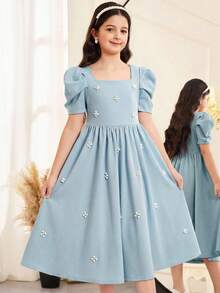 少女优雅珍珠点缀方领羊腿袖荷叶边下摆缎面连衣裙，适合婚礼、派对、生日、聚会、春夏穿着。 - 淺藍色 - 查看 5