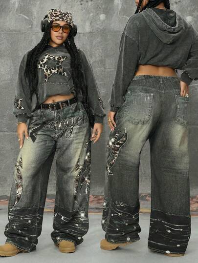 Grunge Punk Jeans imprimés de strass style grunge-punk lavé Y2K, pantalon en jean grande taille