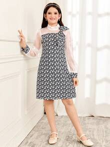 SHEIN رمضان Girls' Black & White Digital Print Organza Long Sleeve Dress With Bow Decor الملابس التقليدية العربية - Black and White - View 3