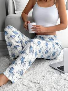 EURMUSE Quần dài nữ cỡ lớn chất liệu cotton họa tiết hoa, kiểu dáng thoải mái, cạp chun co giãn, thích hợp mặc ở nhà hoặc ngủ. - Xanh và trắng - Xem 4