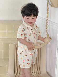 DAZY 男婴卡通印花翻领短袖休闲连体衣 夏季 - 杏色 - 查看 1