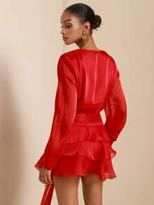 SHEIN Veneréa Women's Elegant 2-Piece Set: Red Shiny Tie Collar Long Sleeve Blouse And Waist Tie Cake Skirt - Red - View 2