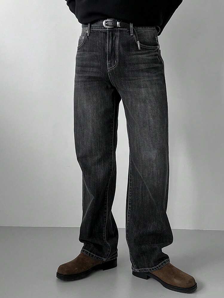 Men's Plain Black Washed Denim Jeans, Spring/Autumn