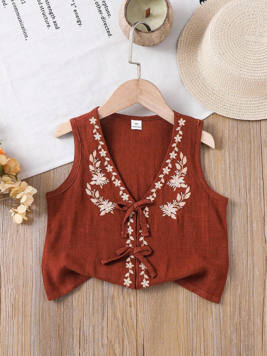 SHEIN Young Girl Burgundy Brown Fashion Bow Tie Collar Floral Embroidered Elegant Tank Top - Rust Brown - View 1