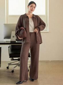 Dazy-Less Women's Solid Color Drop Shoulder Long Sleeve Knitted Cardigan And Knitted Pants Casual 2-Piece Set, Autumn/Winter Business Casual Woman - Coffee Brown - View 1