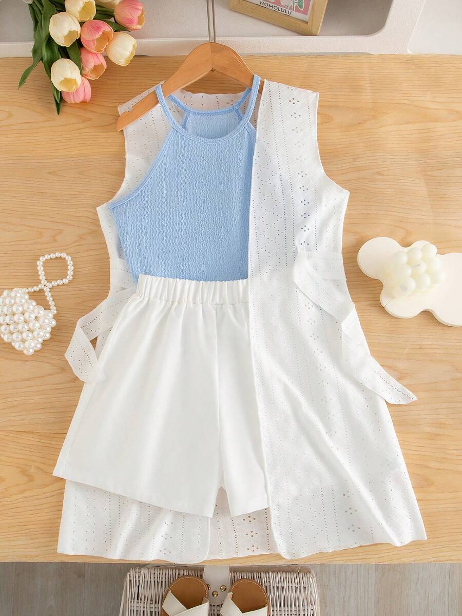 3件套少女夏季休闲套装：蓝色吊带背心、白色直筒短裤、无袖镂空针织长外套（含腰带），简约时尚 - 彩色 - 查看 1
