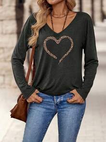 EMERY ROSE Women's Casual Everyday V-Neck Long Sleeve T-Shirt,Grey Leopard Print Heart Graphic Retro Minimalist Tee For Autumn,Spring Daily Commute - Dark Grey - View 4