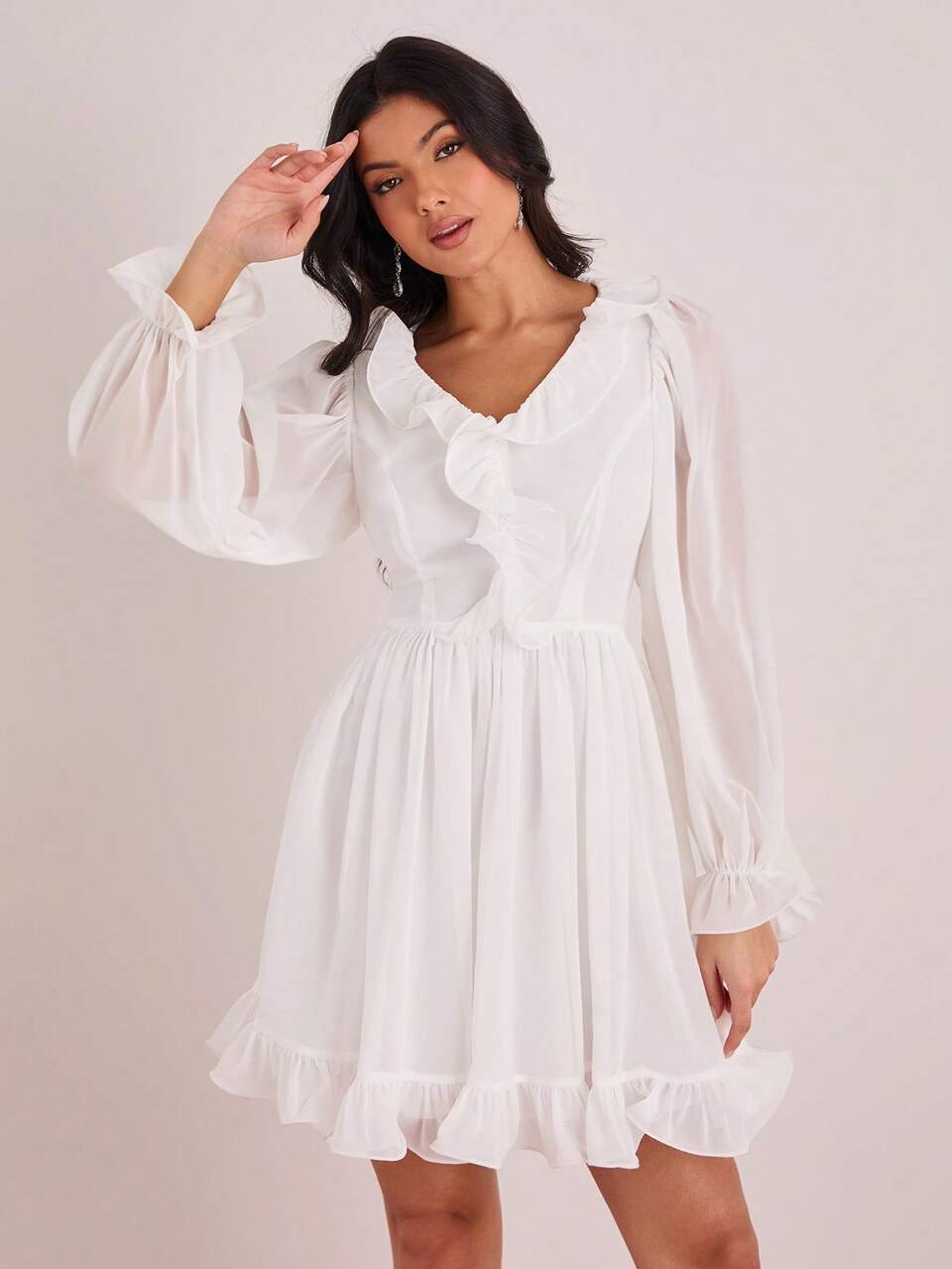 Enchnt Women's Elegant White Long Sleeve Mini Dress, Autumn Tea Party Ruffle Hem Dress,Minimalist Sweet&Elegant Vacation Outfit,Spring Chic Wear