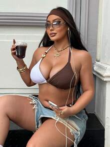 Swim SXY 夏季海滩度假新款泳衣套装，撞色不对称性感三角罩杯比基尼套装，性感两件式泳衣，舒适纹理面料泳衣套装，大码泳衣套装 - 彩色 - 查看 5