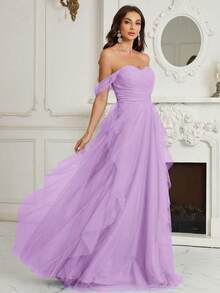 SHEIN Belle Off Shoulder, Chest Ruched, Multi-Layer Asymmetrical Ruffle Hem Bridesmaid Dress (Adult) - Lilac Purple - View 6