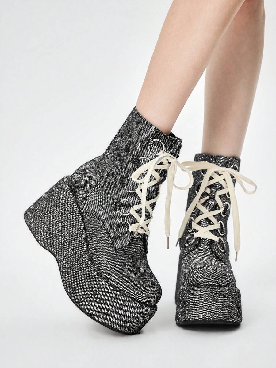 ROMWE Kawaii Women's Y2K Punk Gothic Lace-Up Fluffy Platform Ankle Boots Valentine's Day - Silver - View 1