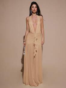 SHEIN BAE 性感简约纯色黄色奶油色深V领露背修身褶皱网纱长款连衣裙，适合派对、鸡尾酒会、正式场合、伴娘、生日、圣诞节、商务休闲等场合，优雅女装 - 卡其色 - 查看 3