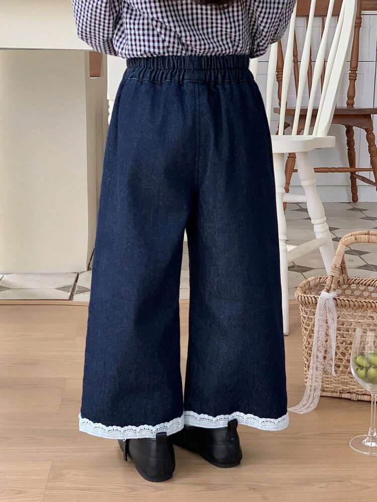 Young Girls Lace Patchwork Casual Wide Leg Jeans
