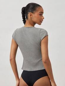 Ocili Women's Solid Color Knit Crew Neck Short Sleeve Fitted T-Shirt, Casual Homewear Top - Grey - View 2