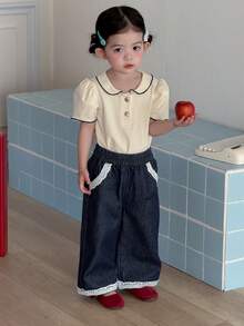 DAZY Toddler Girls' Lace Patchwork Loose Casual Wide Leg Washed Denim - Dark Wash - View 9