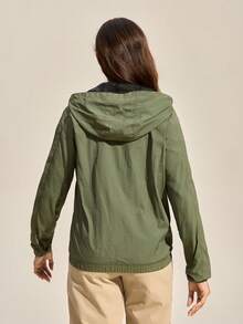 Exploreva Chaqueta casual suelta con capucha, manga larga y cremallera para mujer para uso al aire libre - Verde Oliva - Ver 2
