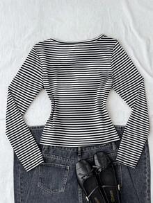 Teen Girls' Black & White Striped Contrast Lace T-Shirt - Black and White - View 2