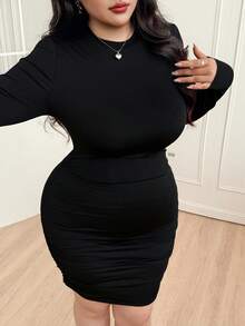 CovetEZ Plus Size Black Ribbed Bodycon Dress, Solid Color, Round Neck, Suitable For Spring & Autumn - Black - View 3