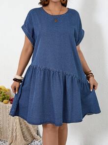 EMERY ROSE Đầm denim dáng rộng thoải mái dành cho nữ cỡ lớn, cổ tròn, tay cánh dơi và viền bèo nhún. - Màu xanh lam - Xem 6