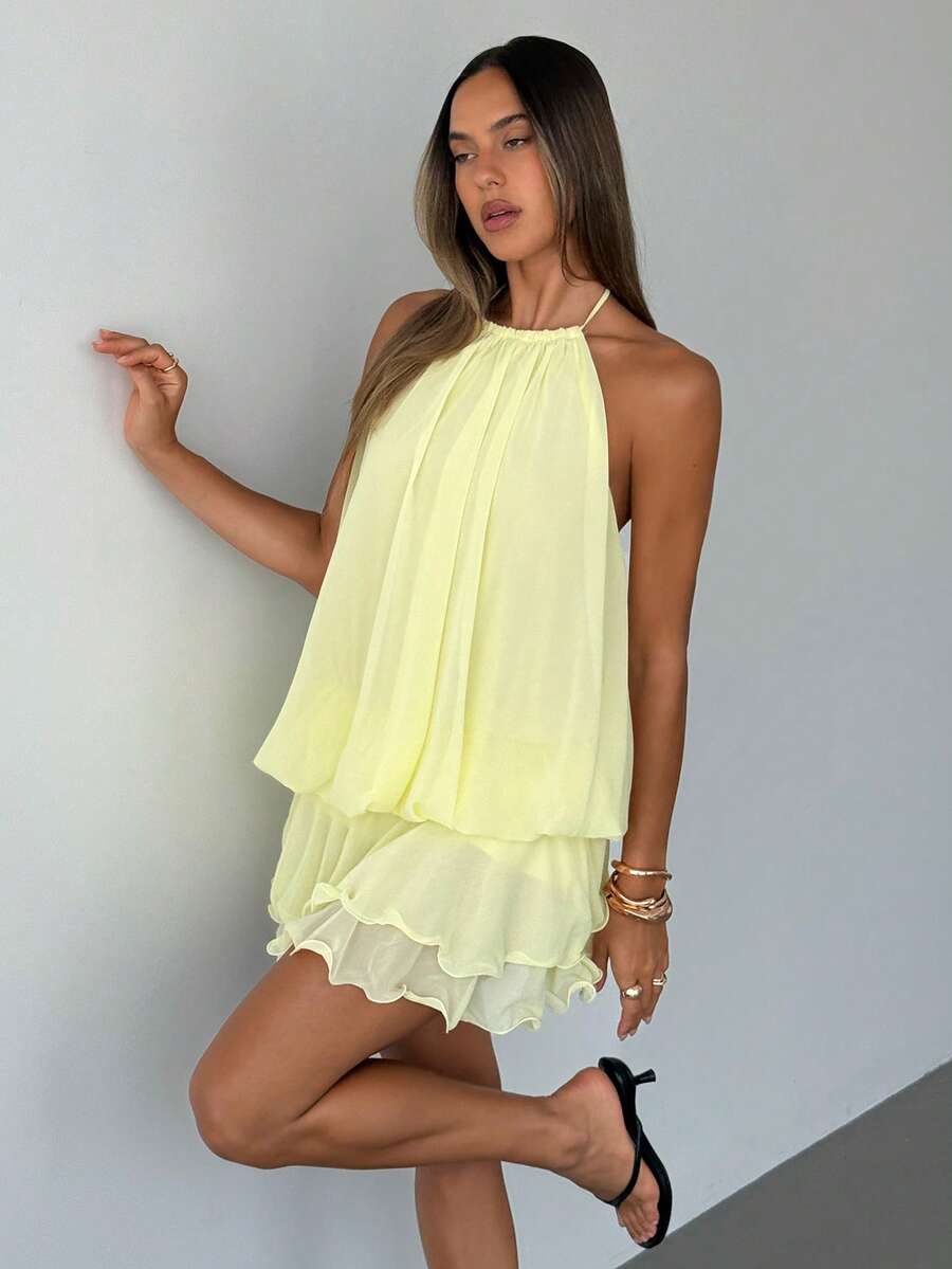 Aloruh Women's Sleeveless Pale Yellow Backless Chiffon Mini Dress