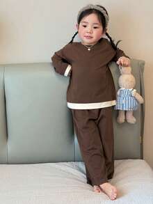 DAZY 2pcs Baby Girls' Comfortable Round Neck 2 In 1 T-Shirt And Leggings Pajama Set Toddler Girls Clothes - Brown - View 8