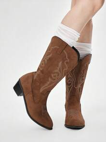 ROMWE Fairycore Women's Retro Western Style Chunky Heel Mid-Calf Boots Valentine's Day - Brown - View 1