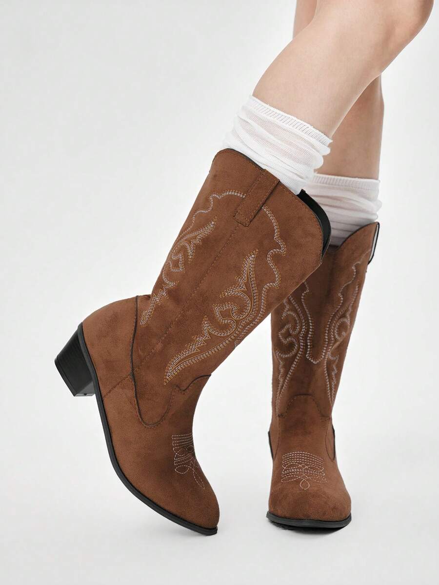 ROMWE Fairycore Women's Retro Western Style Chunky Heel Mid-Calf Boots Valentine's Day - Brown - View 1
