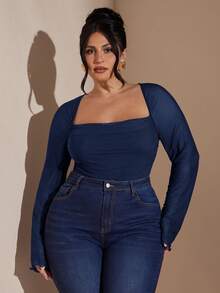 SHEIN BAE Bộ đồ liền thân dài tay màu tím thanh lịch cỡ lớn dành cho nữ, mùa thu/đông - Màu xanh hải quân - Xem 4