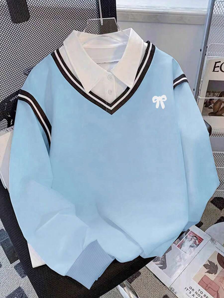 Franclia 女式撞色领运动休闲运动衫，学院风上衣 - 彩色 - 查看 1