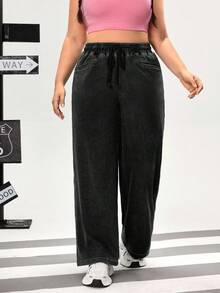 Flexra Plus Size Women Drawstring Waist Wide Leg Loose Casual Jeans - Black - View 3