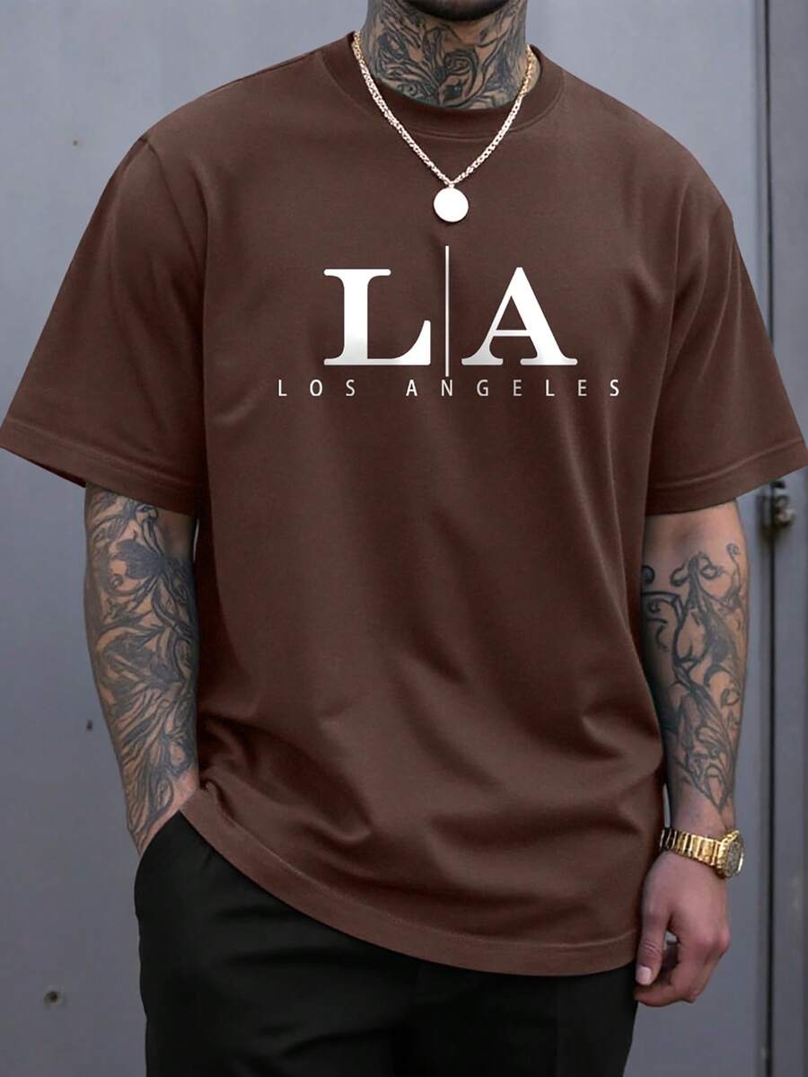 Manfinity Homme Men's Minimalist Printed Round Neck Short Sleeve T-Shirt - Brown - View 1