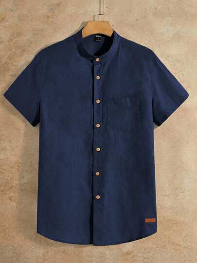 HIMLAND Men Woven Short Sleeve Button Down Blue Shirt With Letter Patch And Casual Style For Summer