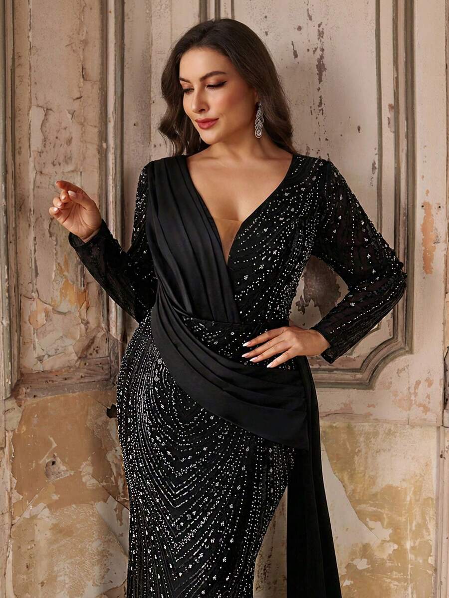 Große Größen elegantes luxuriöses schwarzes Pailletten- & Satin-Patchwork-Kleid mit tiefem V-Ausschnitt, geraffter Passform und Fischschwanzsaum, geeignet für Abendpartys, Dates, Bälle, Urlaub, Hochzeiten, formelle Anlässe (stark verziert), Valentinstag - Schwarz - Übersicht 1