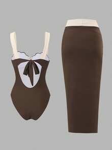 Swim Oasis 2026 Spring/Summer Women's Beach Vacation Casual Vintage Luxury Contrast Color Metal Shell Decor Backpack Shell Cup One Piece Swimsuit & Wrap-Around Skirt High-End 2-Piece Set - Brown - View 4