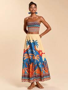 Travachic Women's Tropical Print Bandeau Top & Mini Skirt 2 Pieces Set, Beach Holiday - Multicolor - View 3