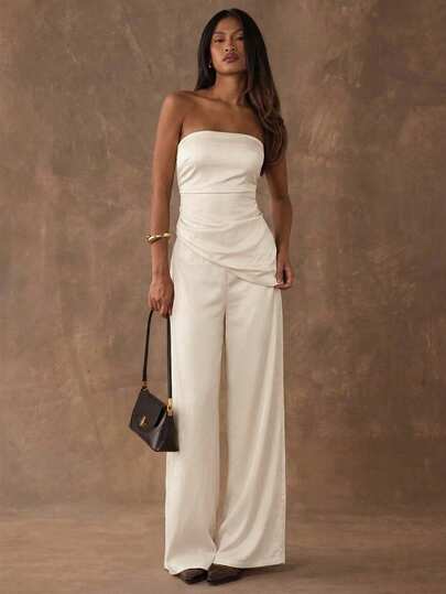 SHEIN BAE Women's Solid Color Bandeau Top With Asymmetrical Hem And Wide Leg Pants Casual Suit