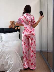Dream Adore Conjunto de pijama de seda sintética con estampado de rayas y lazo rosa, regalo del Día de San Valentín para mujeres - Rosa - Ver 2
