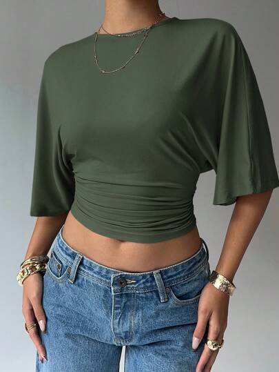 Aloruh Camiseta casual de mujer de unicolor, cuello redondo, manga corta de murciélago, plisada y corta