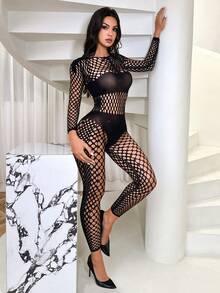 Women's Sexy Lingerie Bodysuit, Black Long Sleeve Fishnet Bodysuit, Seamless High Stretch Backless Hollow Out Mesh Bodysuit See Through Jumpsuit Bodystocking Body Stocking Lingerie Sexy Body Stocking Fishnet Body Suit, Lingerie For Women,Sexy,Valentine's Day,Sexy Lingerie, - Black - View 1