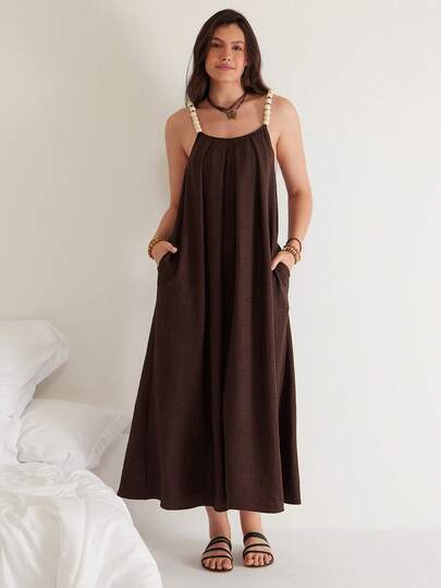 Freevana Plus Size Women Summer Casual Vacation Beaded Strap Loose Pocket Slip Dress