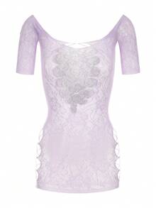 SHEIN Klassisches lila transparentes Mini-Slip-Kleid, Netzwäsche-Bodysuit, Ausgehkleidung