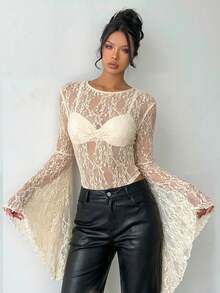 Aloruh Women's Halloween Flare Sleeve Apricot Lace Bodysuit - Apricot - View 8