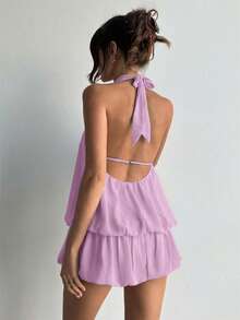 Aloruh Purple Floral Bud Collar Sleeveless Backless Loose Fashion Dress - Lilac Purple - View 2