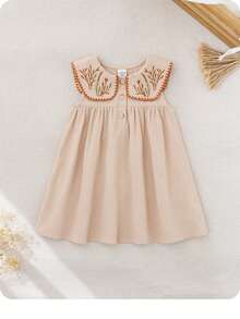 Babygirl Cute Loose Floral Pattern Coffee Color Peter Pan Collar Dress,Kids - Multicolor - View 9