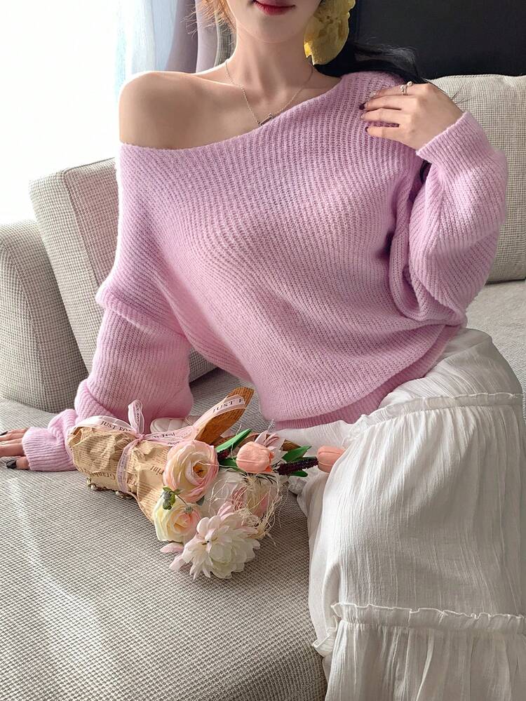 Women's Solid Color Loose Crew Neck Long Sleeve Elegant Formal Knit Sweater, Spring/Autumn