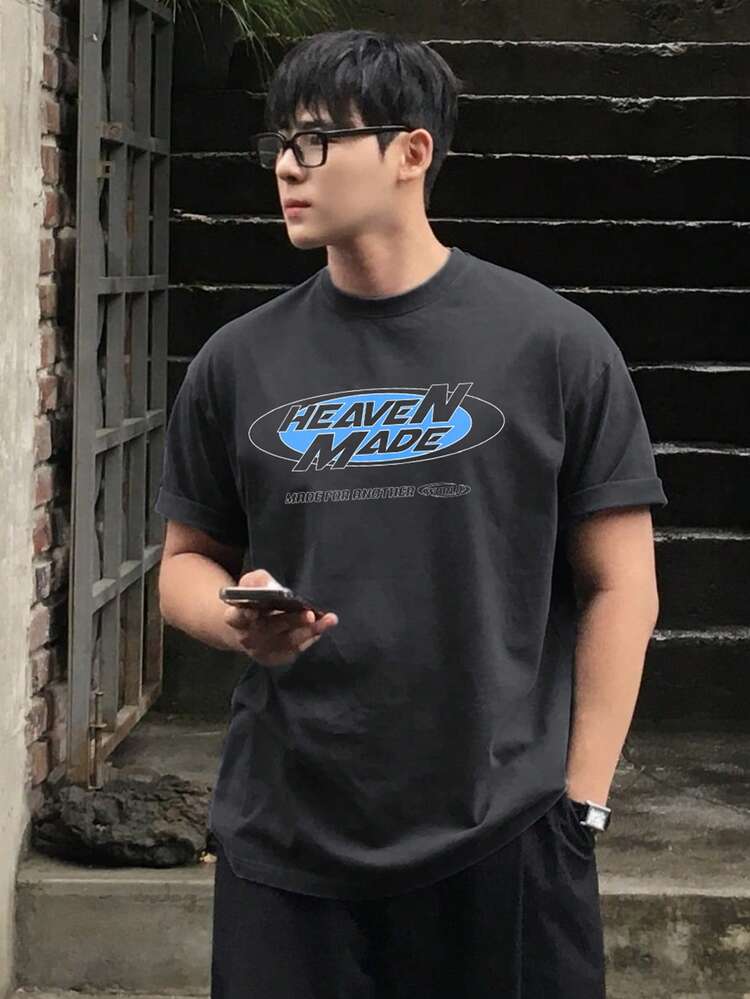 Men's Letter Print Grey Round Neck T-Shirt, Summer